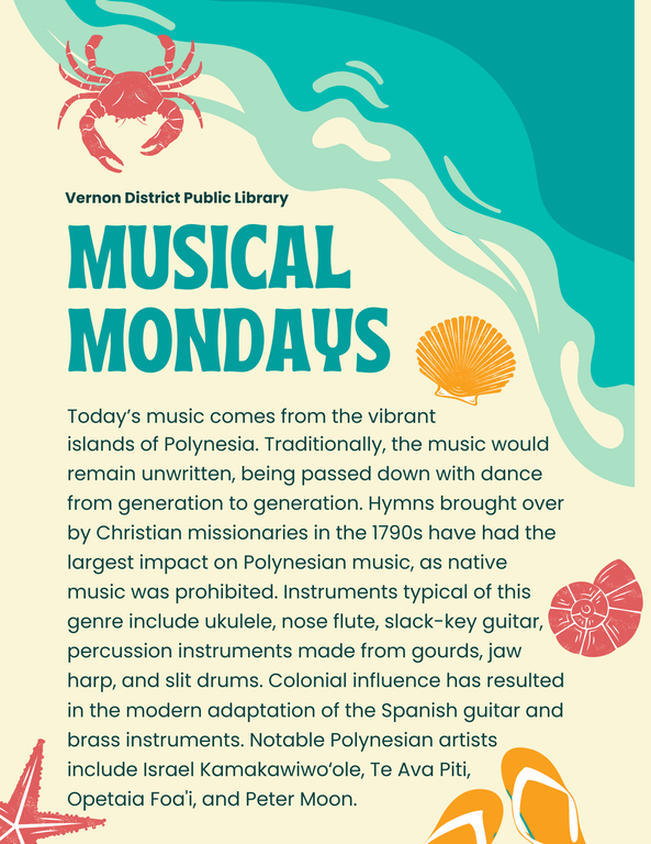 Today’s music comes from the vibrant islands of Polynesia. Traditionally, the music would remain unwritten, being passed down with dance from generation to generation. Hymns brought over by Christian missionaries in the 1790s have had the largest impact on Polynesian music, as native music was prohibited. Instruments typical of this genre include ukulele, nose flute, slack-key guitar, percussion instruments made from gourds, jaw harp, and slit drums. Colonial influence has resulted in the modern adaptation of the Spanish guitar and brass instruments. Notable Polynesian artists include Israel Kamakawiwoʻole, Te Ava Piti,  Opetaia Foa'i, and Peter Moon. 