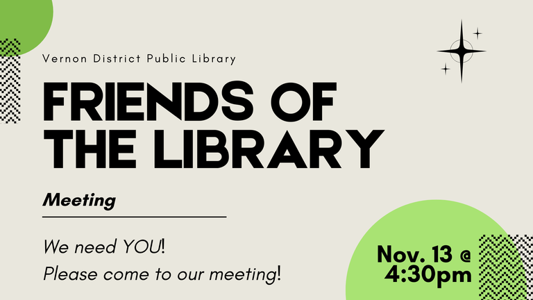 Friends of the Library Meeting Thur. November 13th at 4:30pm