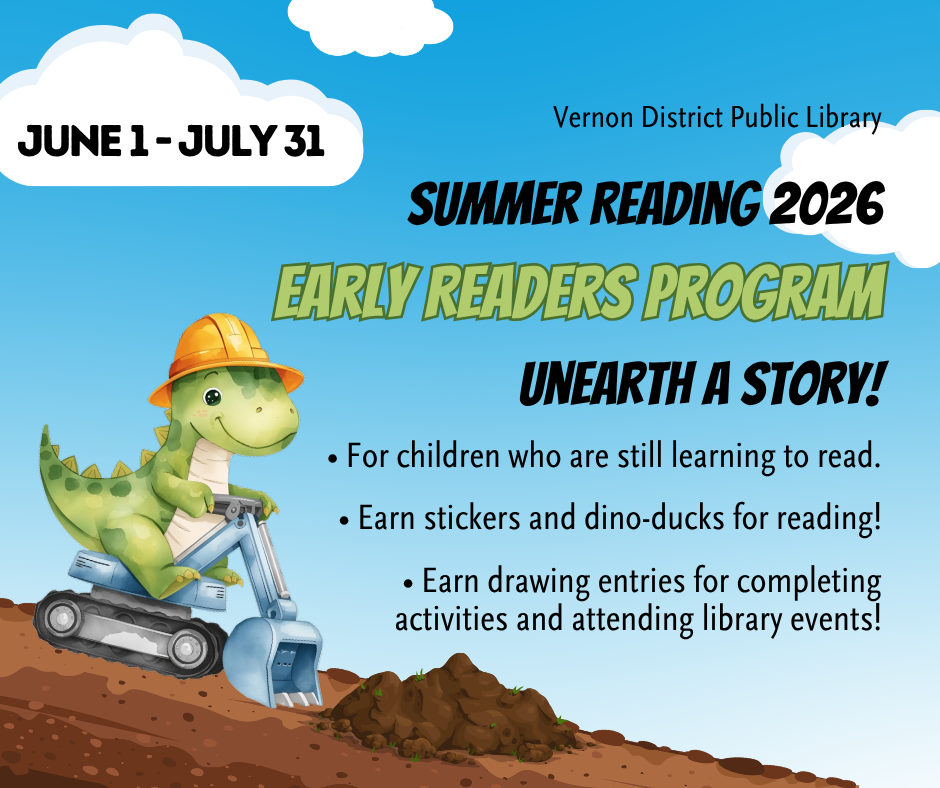 Early Reader's Summer Program For children who are still learning to read.  Earn stickers and dino-ducks for reading!  Earn drawing entries for completing activities and attending library events!